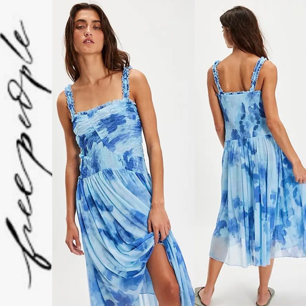 NEW Free People Tessa Smocked Mesh MIDI Dress in Baby Blue xs - Picture 1 of 12